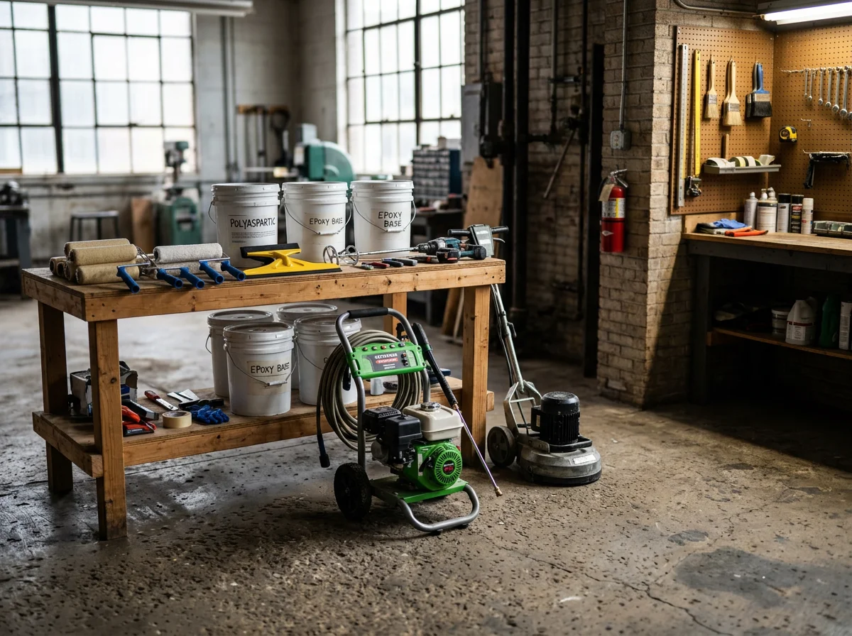 Concrete coating tools and equipment ready for application work on residential surfaces.