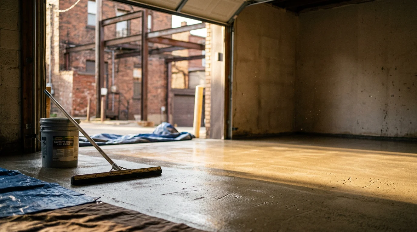 Concrete coating and repair work on a residential garage floor in Pittsburgh