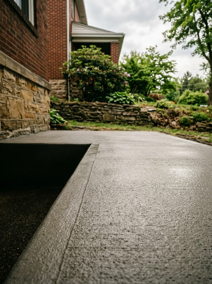 Concrete patio on a sloped Allegheny County lot after coating, with a clean, sealed surface and slip-resistant texture visible on the outdoor slab.