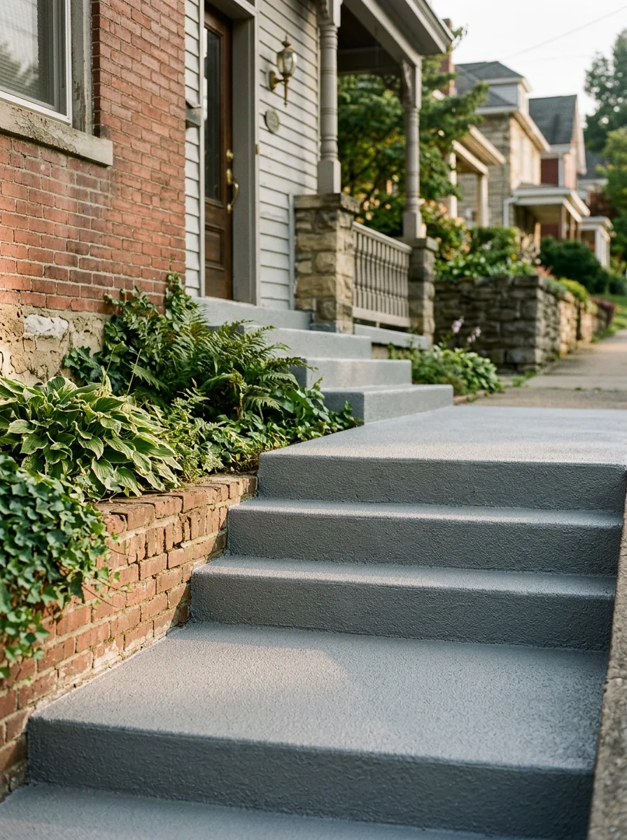 Concrete porch on a Ford City home after coating, with a smooth, sealed surface and slip-resistant finish on the steps and landing.