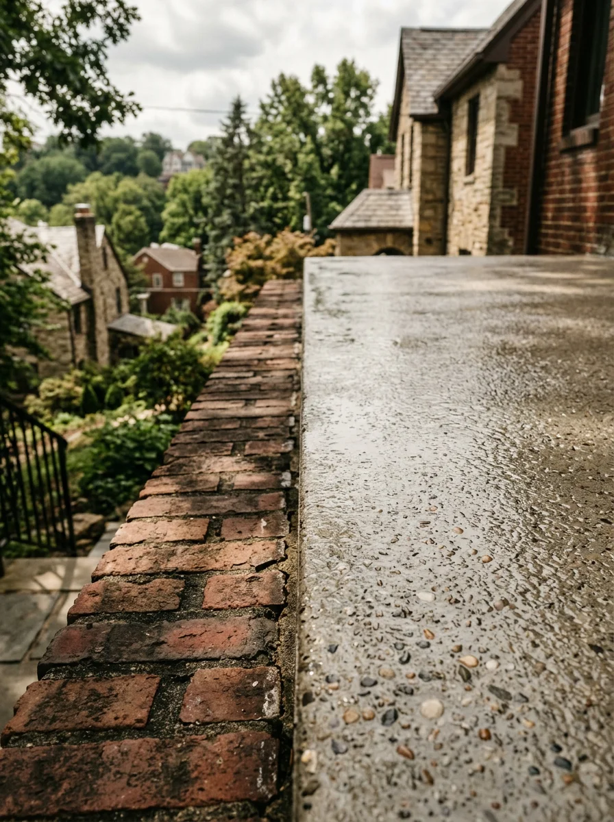 Close-up of a coated concrete patio on a Pittsburgh hillside home, showing a clean, sealed surface after freeze-thaw season.