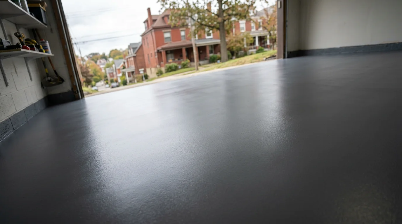 Freshly coated garage floor in a Pittsburgh residential neighborhood, showing a smooth, uniform surface with no spalling or salt staining.