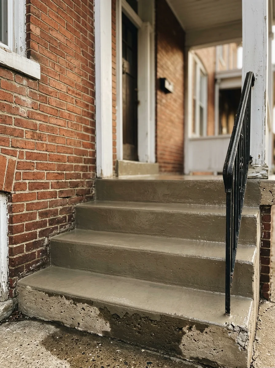 Concrete porch steps on an older Washington County river-town home after coating, with a smooth, sealed surface replacing the original chipped and weathered concrete.