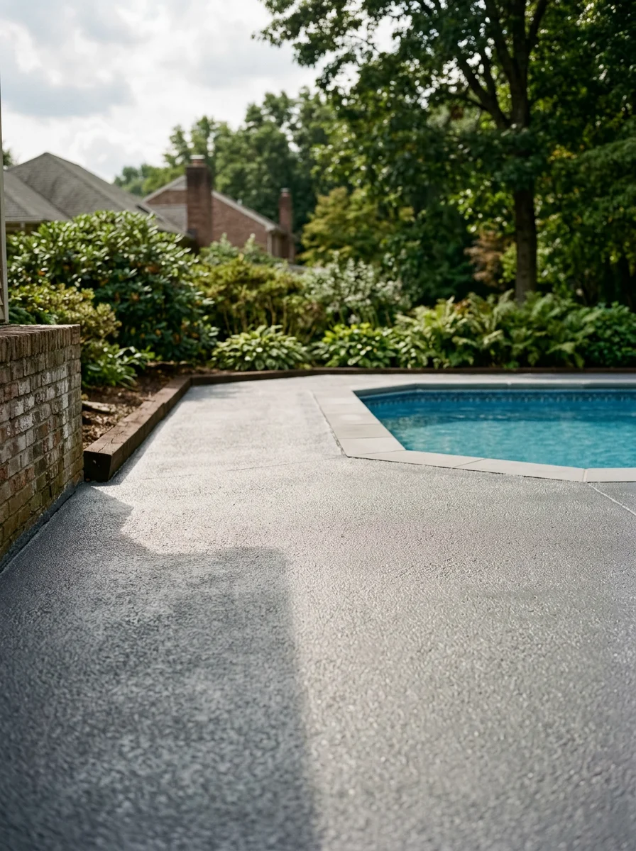 Concrete pool deck in a Murrysville backyard after coating, with a clean, slip-resistant surface replacing the original weathered and stained concrete.