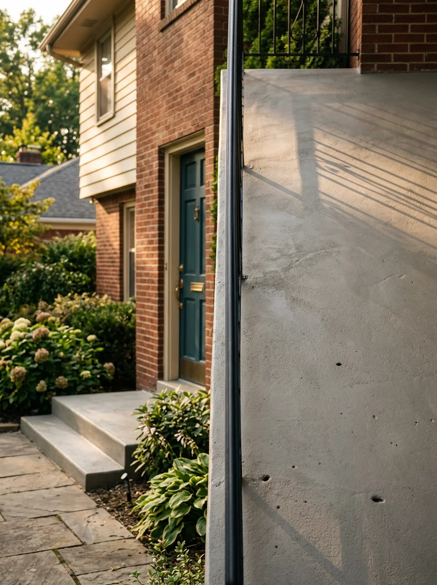 Restored concrete porch on a mid-century Youngstown home, with a smooth coated surface replacing the original chipped and weathered concrete.