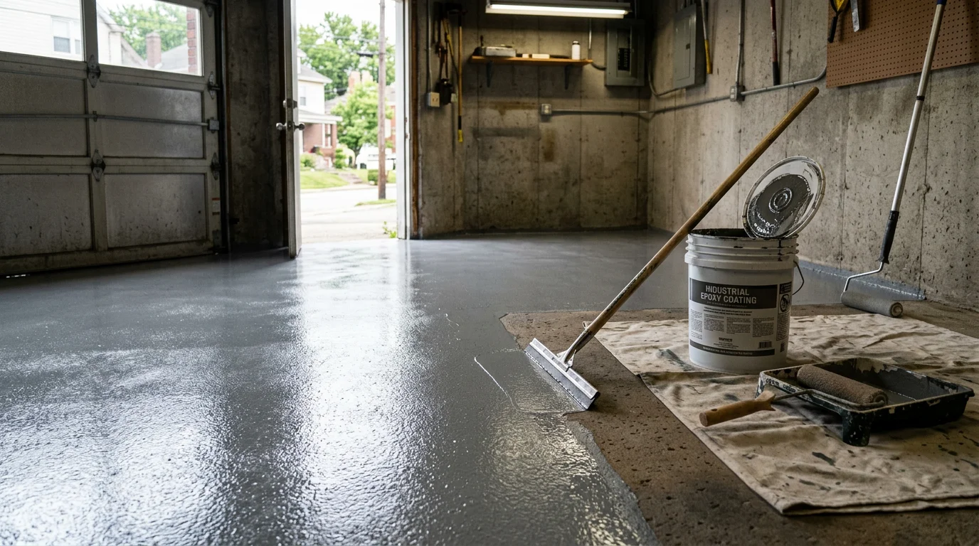 A freshly coated concrete garage floor inside a Pittsburgh-area home, showing a smooth, clean surface with an even finish. The coating covers the full slab from wall to wall, with the garage door open to the exterior.