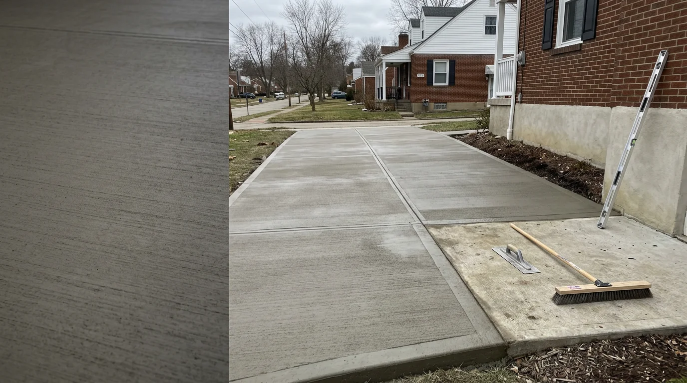A freshly broom-finished concrete driveway slab in a Pittsburgh-area residential neighborhood, showing clean edges, uniform surface texture, and visible control joints running across the width of the pour.