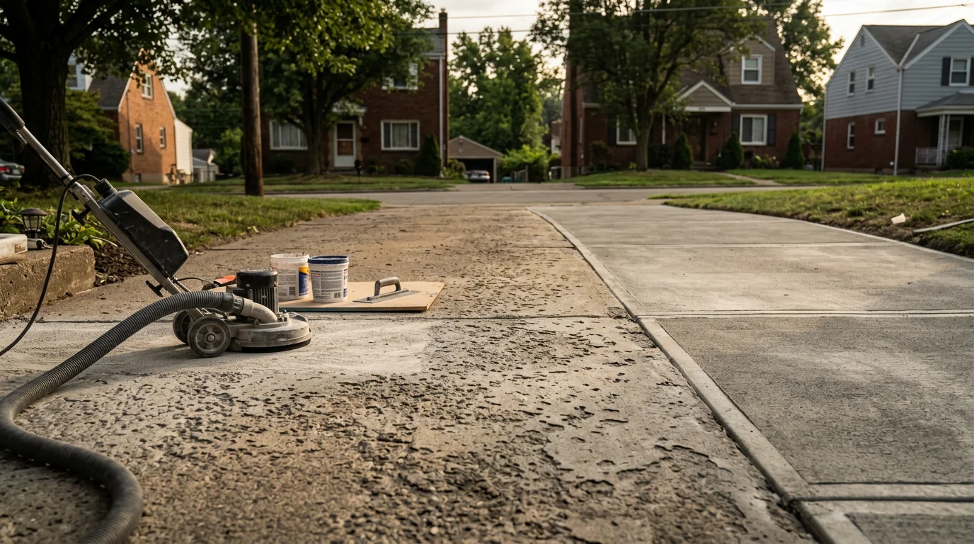 A repaired concrete driveway slab in a Pittsburgh residential neighborhood, showing a smooth, crack-free surface after professional concrete repair work. The surrounding area reflects a typical Allegheny County property with a standard two-car driveway approach.