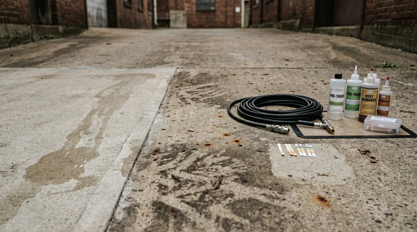 A concrete driveway in Pittsburgh showing before-and-after results of professional stain removal, with dark oil and rust stains lifted from the porous slab surface. The cleaned concrete is uniform in color with no visible discoloration remaining.