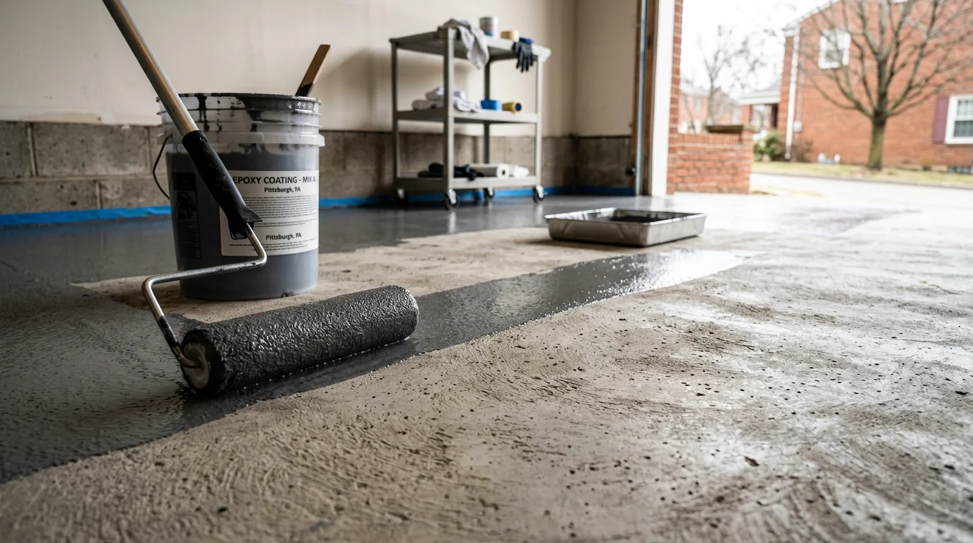 A freshly coated garage floor inside a Pittsburgh-area home, showing a smooth, sealed concrete surface free of staining and surface damage. The finished floor reflects overhead lighting and shows no cracking or spalling along the slab.