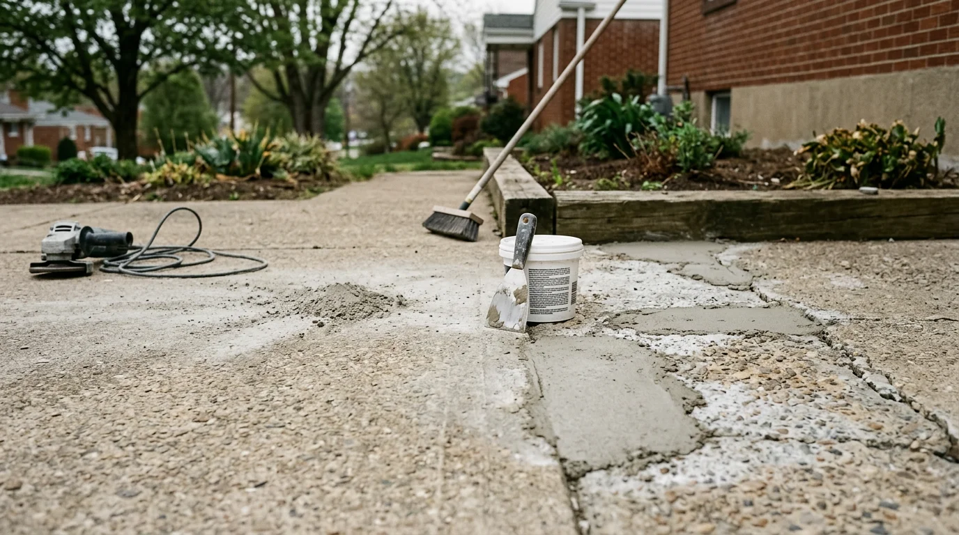 A repaired concrete patio in Pittsburgh showing a smooth, crack-free surface after patching and resurfacing. The finished slab sits level with no visible spalling or trip hazards.