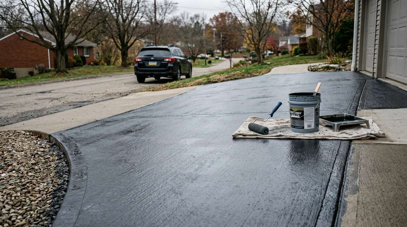 A freshly coated concrete garage floor in a Pittsburgh-area home, showing a smooth, even protective surface finish. The coating covers the full slab with a clean, uniform appearance.