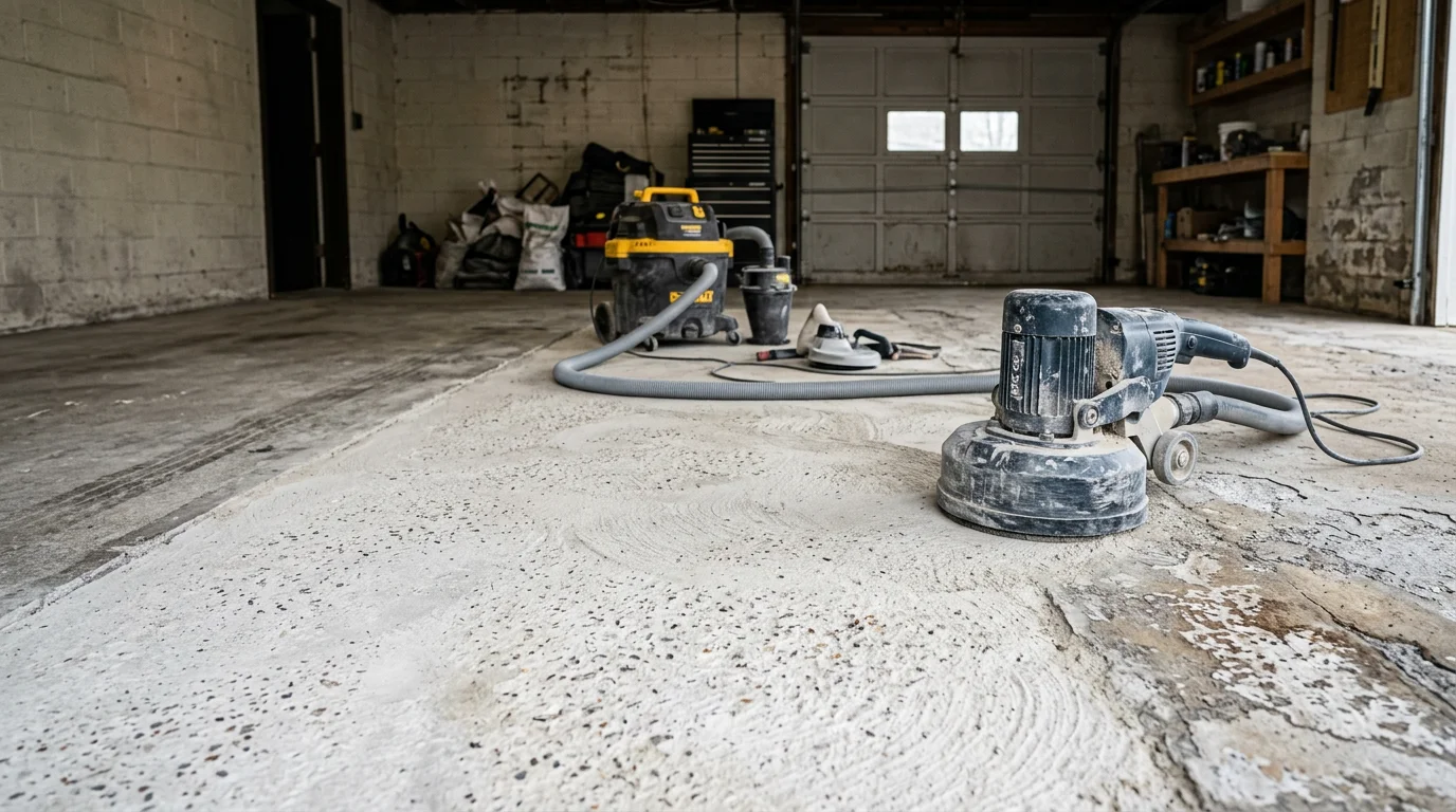 A Pittsburgh-area concrete garage floor being mechanically ground and cleaned during surface preparation before a protective coating is applied. The slab shows a freshly profiled, debris-free surface ready for coating.